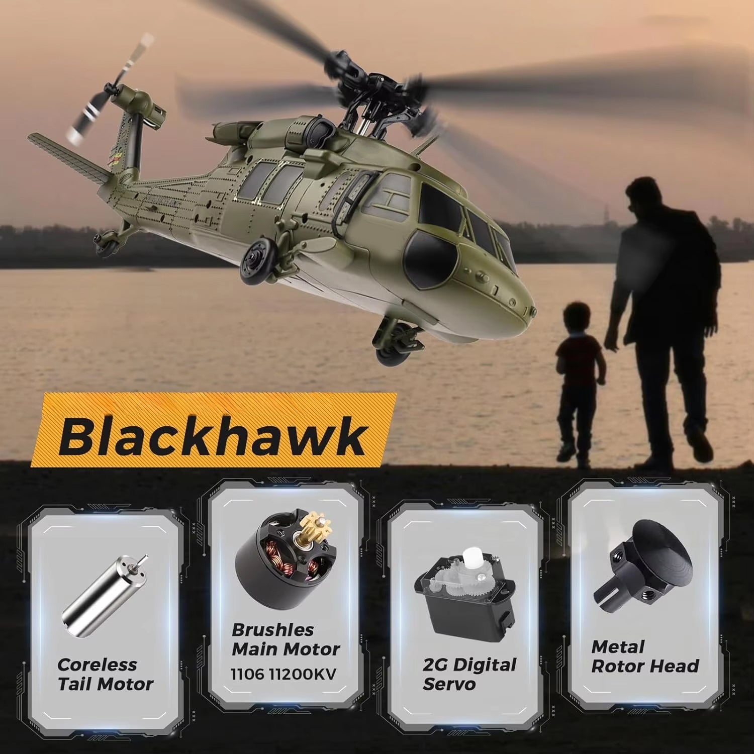 AiriRotor Black Hawk Military RC Helicopter – 11200KV Brushless Motor, 6-Axis Gyro & Triple Battery