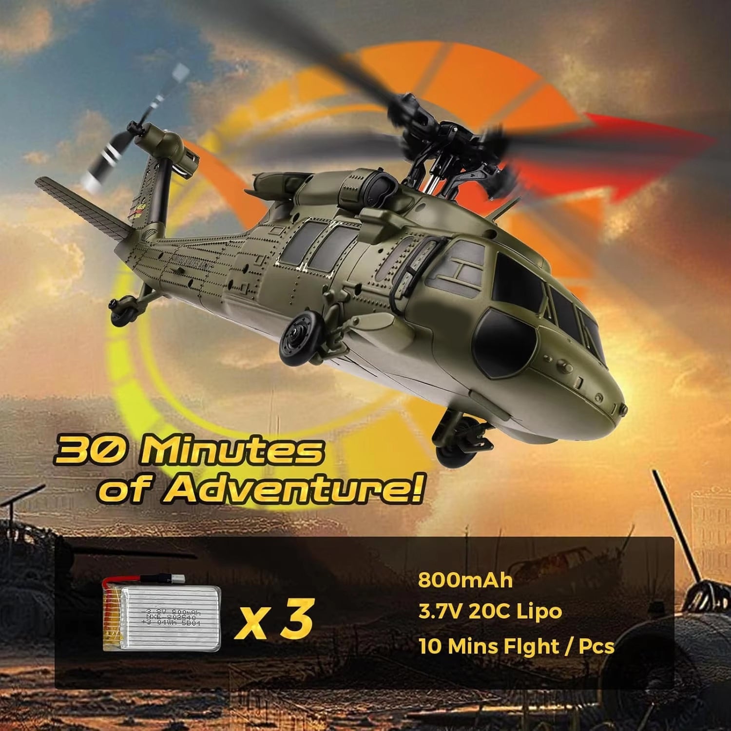 AiriRotor Black Hawk Military RC Helicopter – 11200KV Brushless Motor, 6-Axis Gyro & Triple Battery