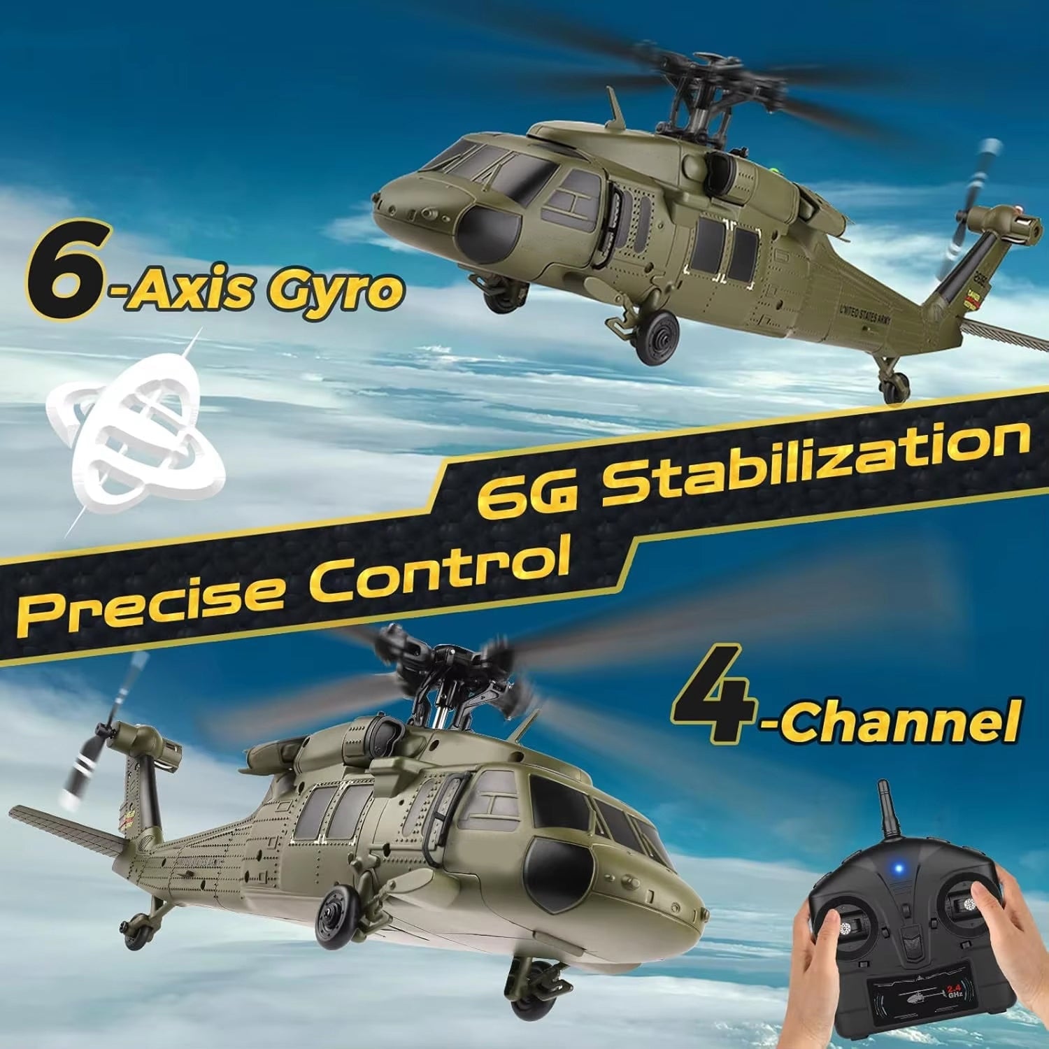 AiriRotor Black Hawk Military RC Helicopter – 11200KV Brushless Motor, 6-Axis Gyro & Triple Battery