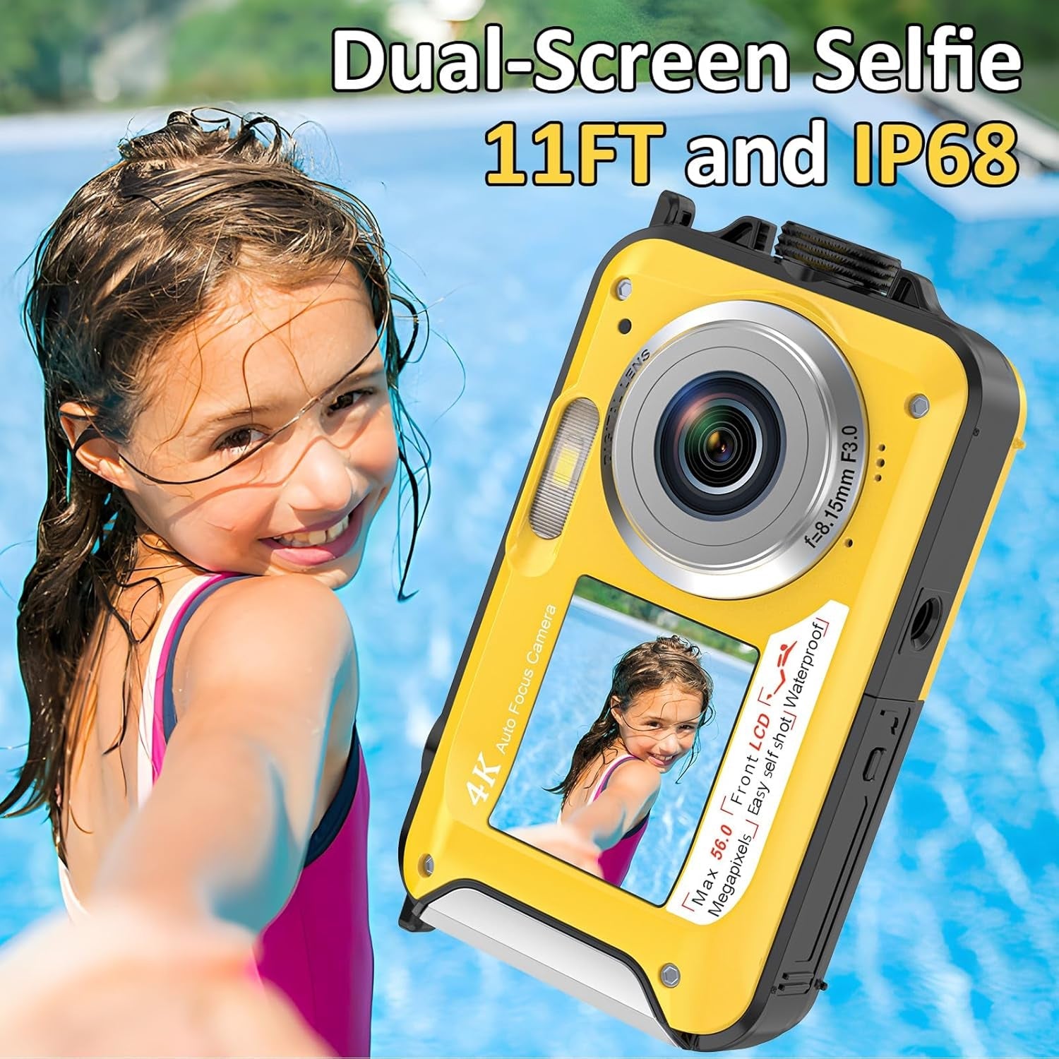 ShotCorix 4K UHD Waterproof Digital Camera – 56MP Dual Screen, 11ft Underwater Selfie Design