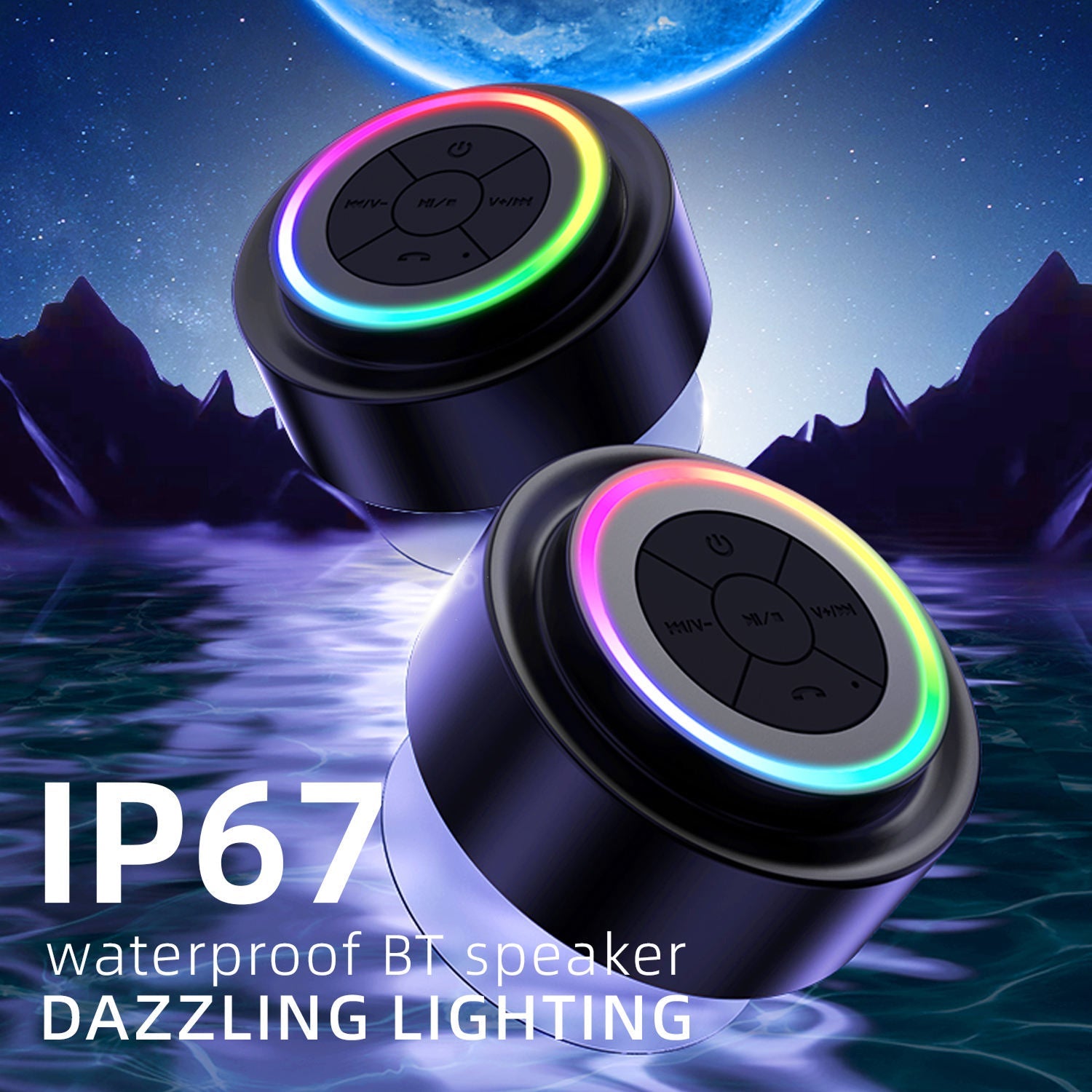 BathMuci IP67 Waterproof Shower Speaker - TWS Stereo Sound, Detachable Suction Cup, RGB LED Lights