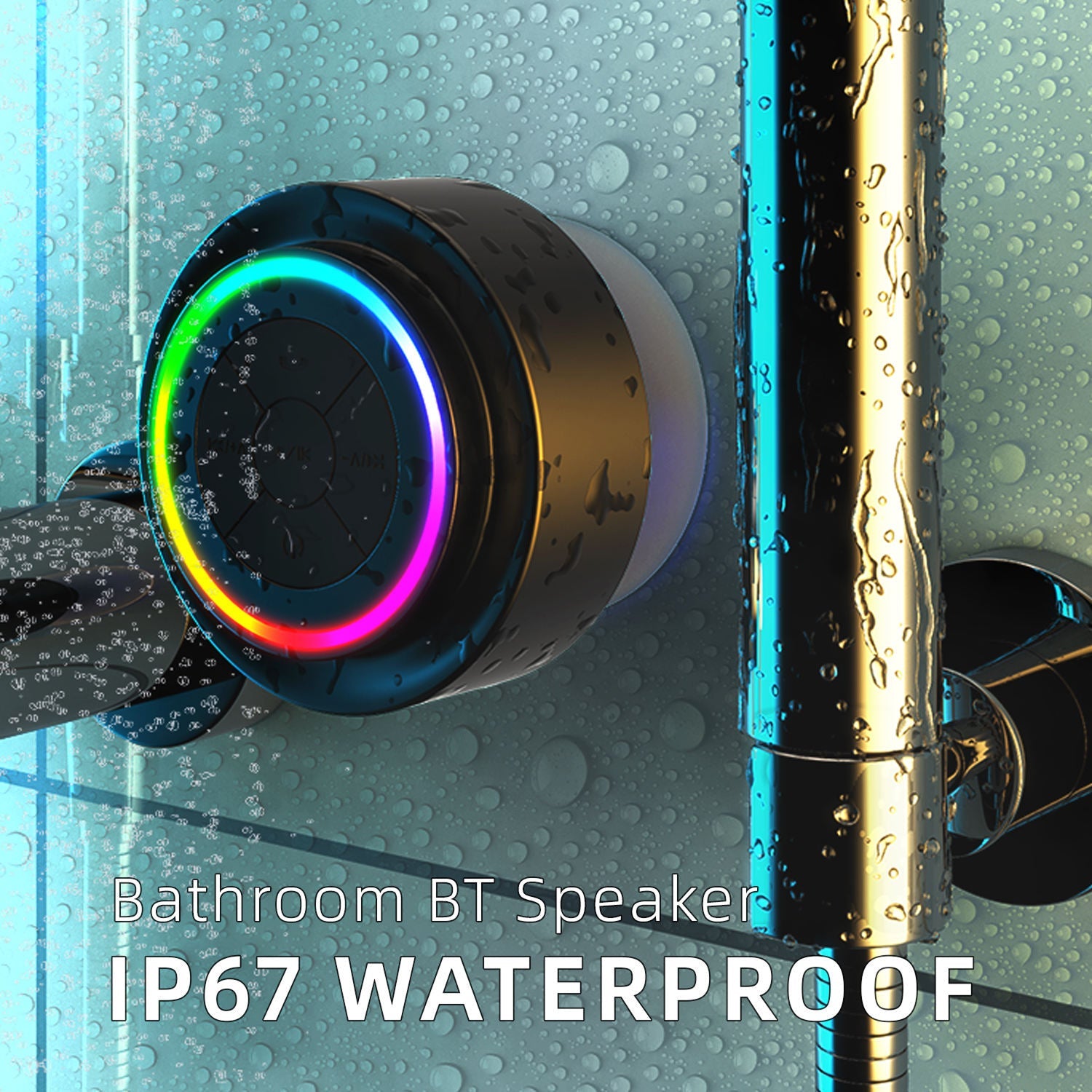 BathMuci IP67 Waterproof Shower Speaker - TWS Stereo Sound, Detachable Suction Cup, RGB LED Lights