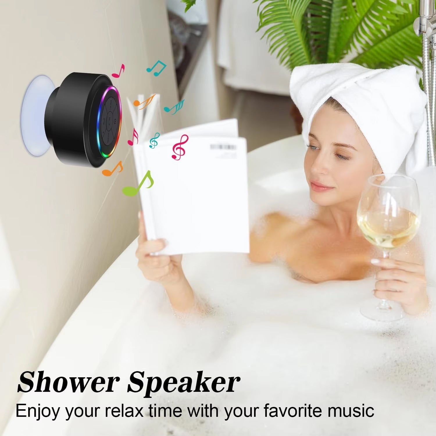 BathMuci IP67 Waterproof Shower Speaker - TWS Stereo Sound, Detachable Suction Cup, RGB LED Lights