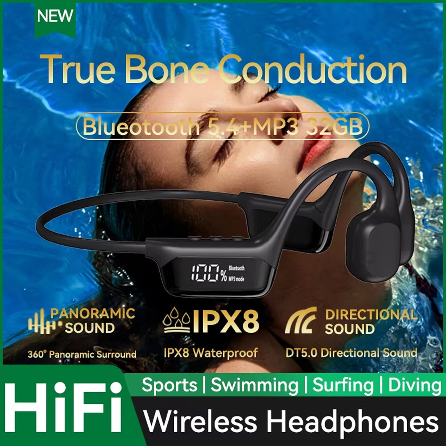 BoneOssi IPX8 Waterproof Swimming Headphones – 32GB MP3 Mode & Bone Conduction Bluetooth 5.4