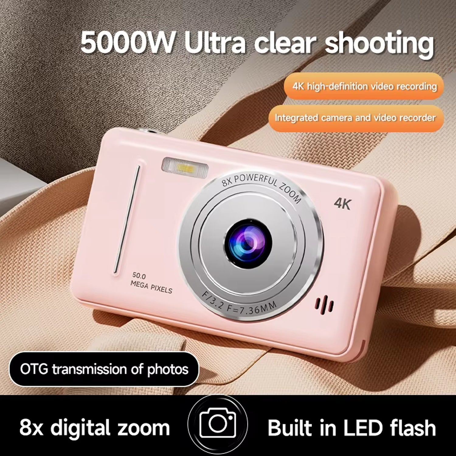 CamTipco 50MP 4K UHD Compact Camera – 8X Digital Zoom Vlogging Cam with Anti-Shake