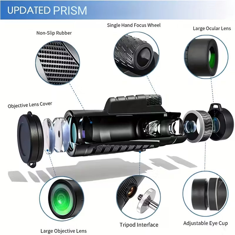 ClosiObi 80x100 High Power Monocular – BAK4 Prism, 5-Layer Broadband Coating & Smartphone Adapter