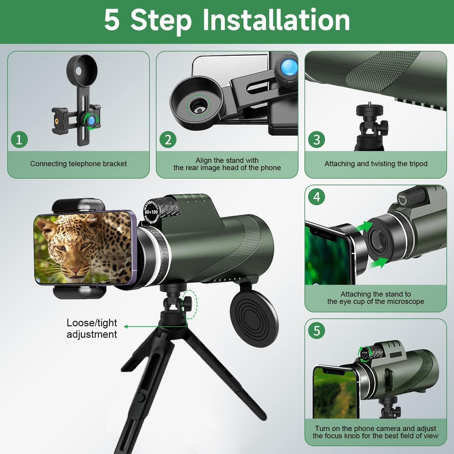 ClosiObi 80x100 High Power Monocular – BAK4 Prism, 5-Layer Broadband Coating & Smartphone Adapter