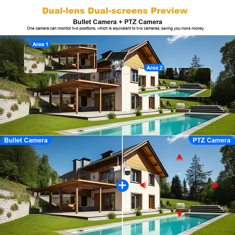 DebviMis 4K Dual-Lens Solar Security Camera – 355° Pan-Tilt, PIR Humanoid Detection & Full-Color Night Vision