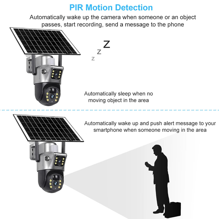 DebviMis 4K Dual-Lens Solar Security Camera – 355° Pan-Tilt, PIR Humanoid Detection & Full-Color Night Vision