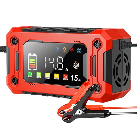 EnerOsci 15A Smart Car Battery Charger LiFePO4 Lithium Pulse Repair 12V/24V with HD Screen