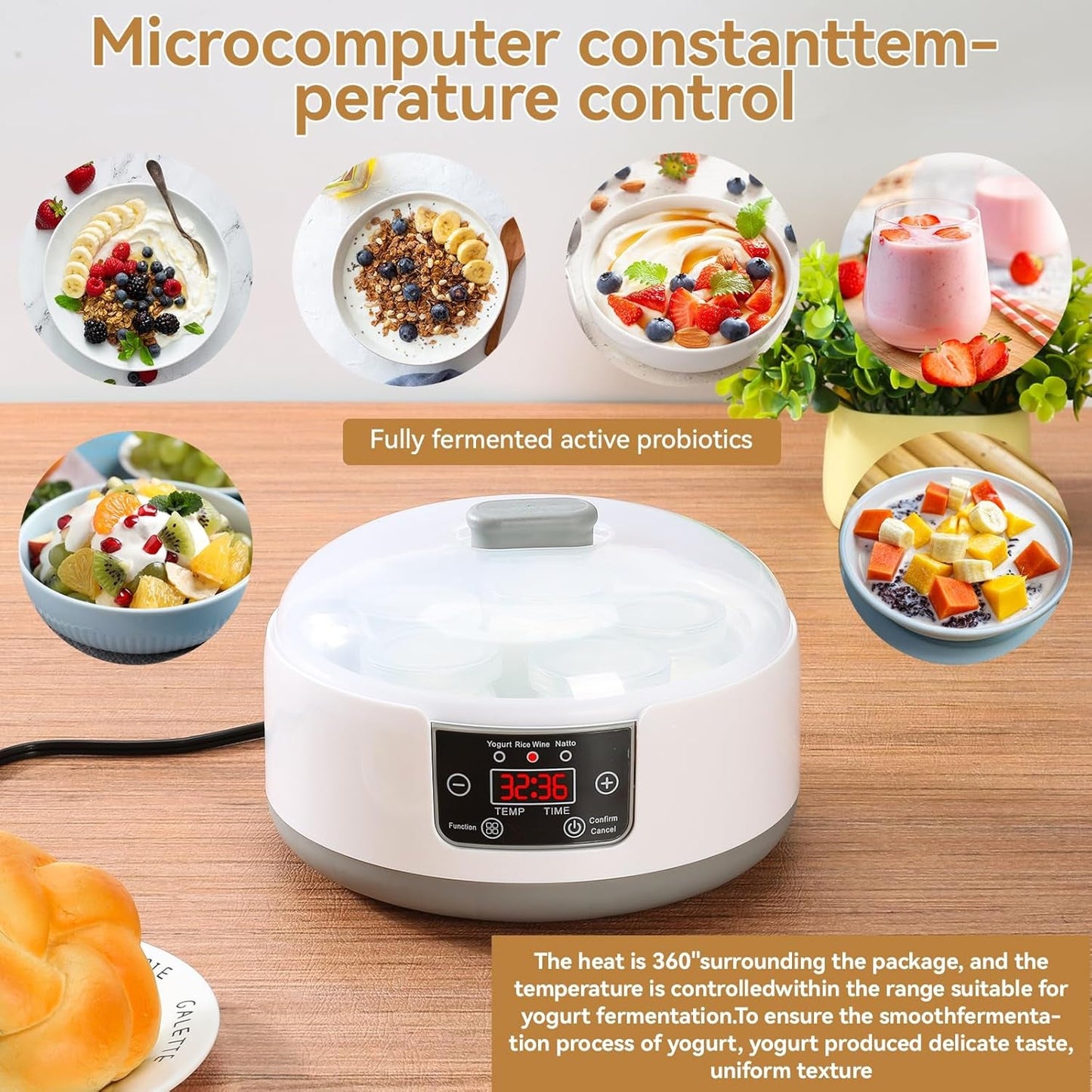 FresDaci 3-in-1 Digital Yogurt Maker with 1200ml Stainless Steel Pot, Natto & Rice Wine Functions and Precision 0.5°C Temperature Control