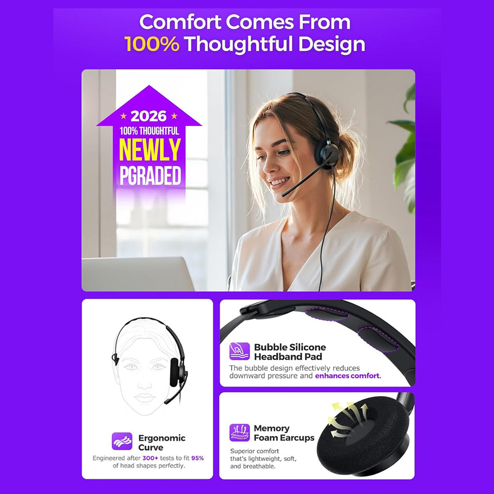 HedivLex Professional Office Headset – 99% ENC Noise Cancellation, USB-C & 3.5mm Triple Connectivity
