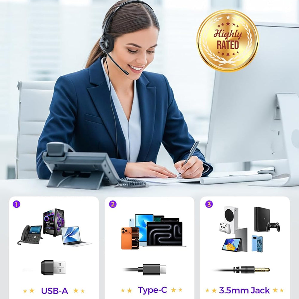 HedivLex Professional Office Headset – 99% ENC Noise Cancellation, USB-C & 3.5mm Triple Connectivity
