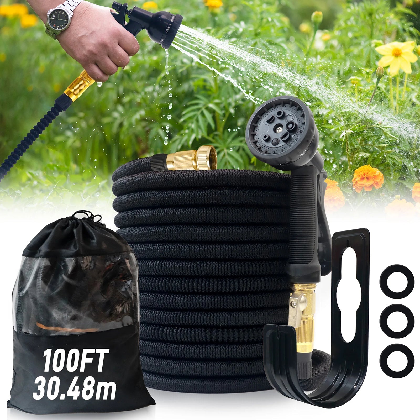 HosiExpi Expandable Garden Hose – 3X Rapid Extension, 3750D Polyester Shell & 8-Pattern Spray Nozzle