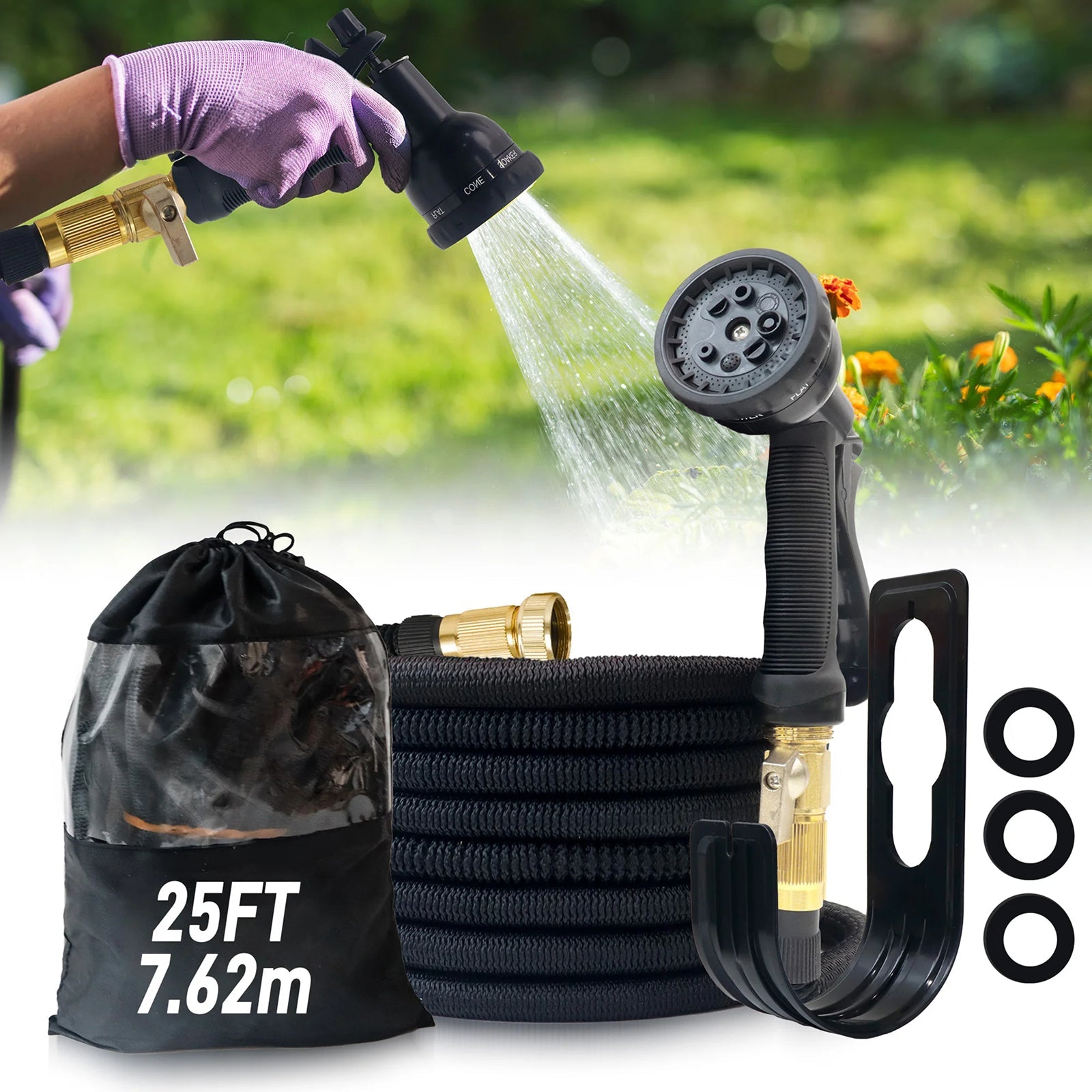 HosiExpi Expandable Garden Hose – 3X Rapid Extension, 3750D Polyester Shell & 8-Pattern Spray Nozzle