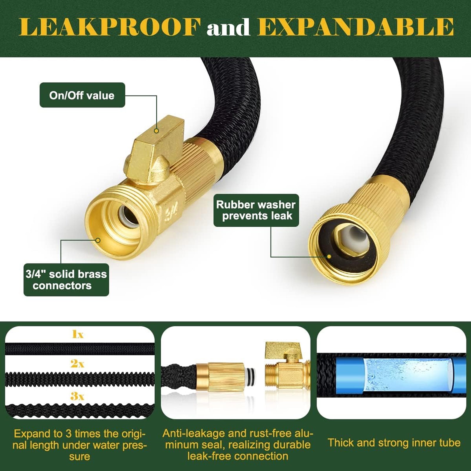 HosiExpi Expandable Garden Hose – 3X Rapid Extension, 3750D Polyester Shell & 8-Pattern Spray Nozzle