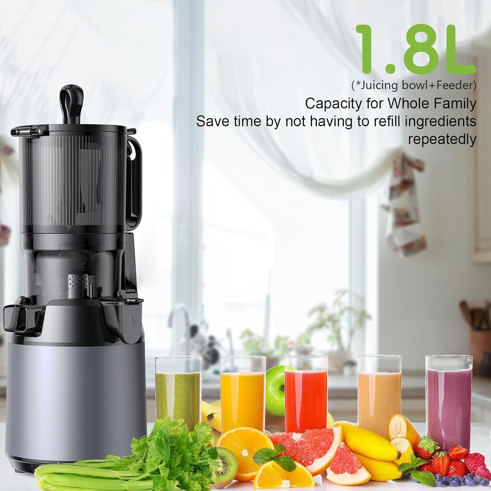 JoyDrinko Cold Press Masticating Juicer – 130mm Extra Wide Chute, 90% High Yield & 1.8L Capacity