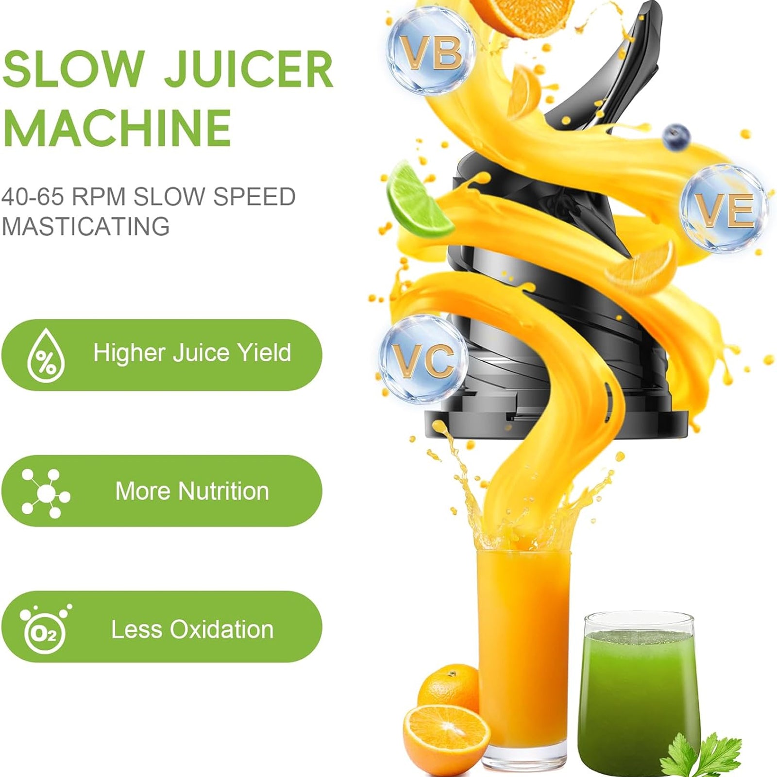 JoyDrinko Cold Press Masticating Juicer – 130mm Extra Wide Chute, 90% High Yield & 1.8L Capacity
