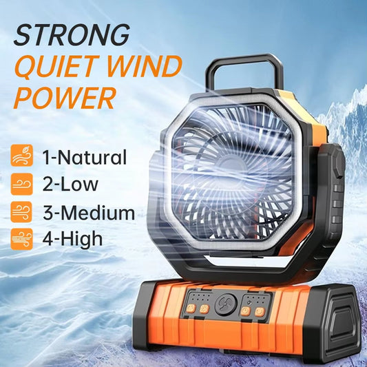 JoyWica 9000mAh Oscillating Camping Fan – 58H Runtime, Integrated LED Lantern & Power Bank