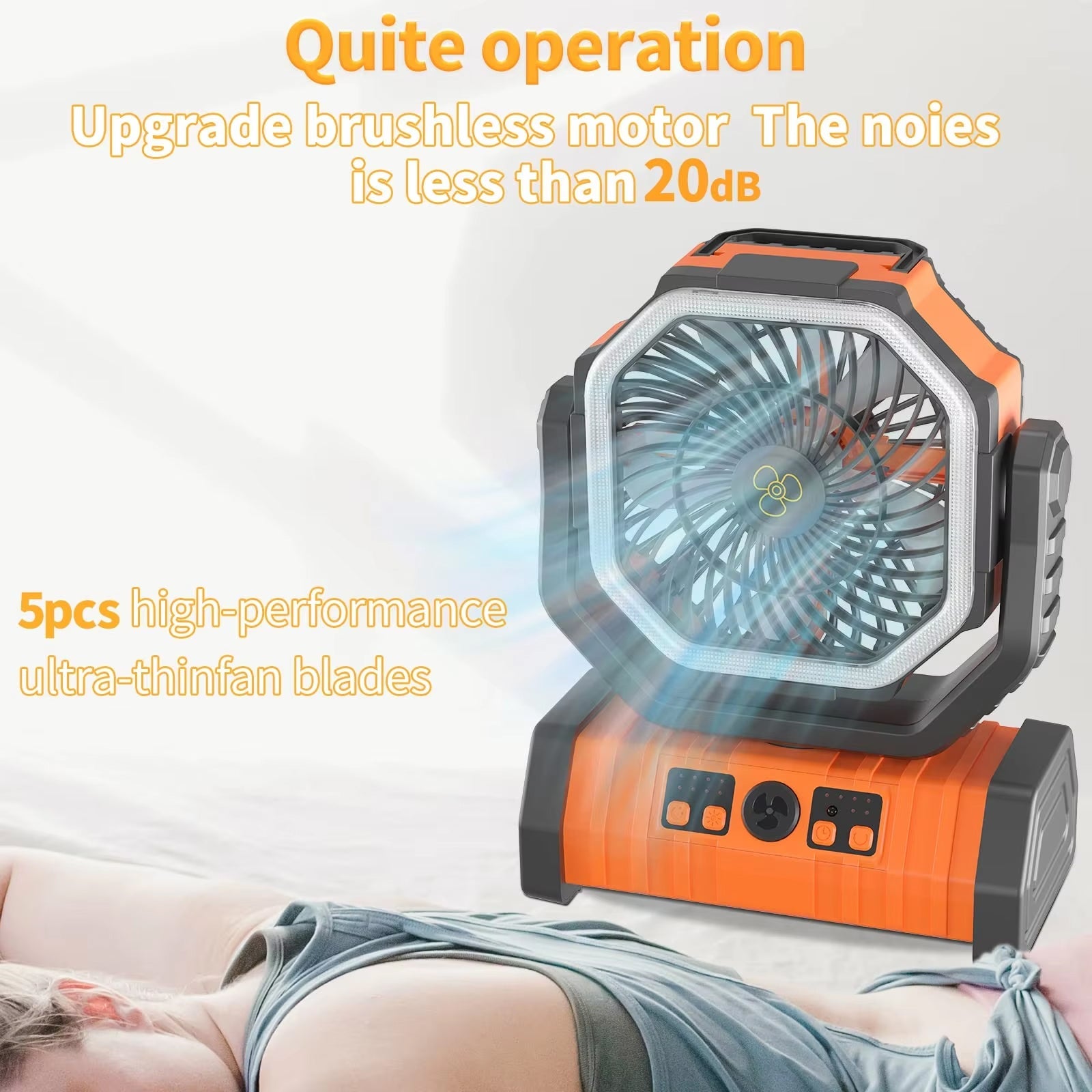 YimiKavi Rechargeable Camping Fan – Multi-Speed Powerful Airflow, Integrated LED Lantern & Heavy-Duty Hanging Hook