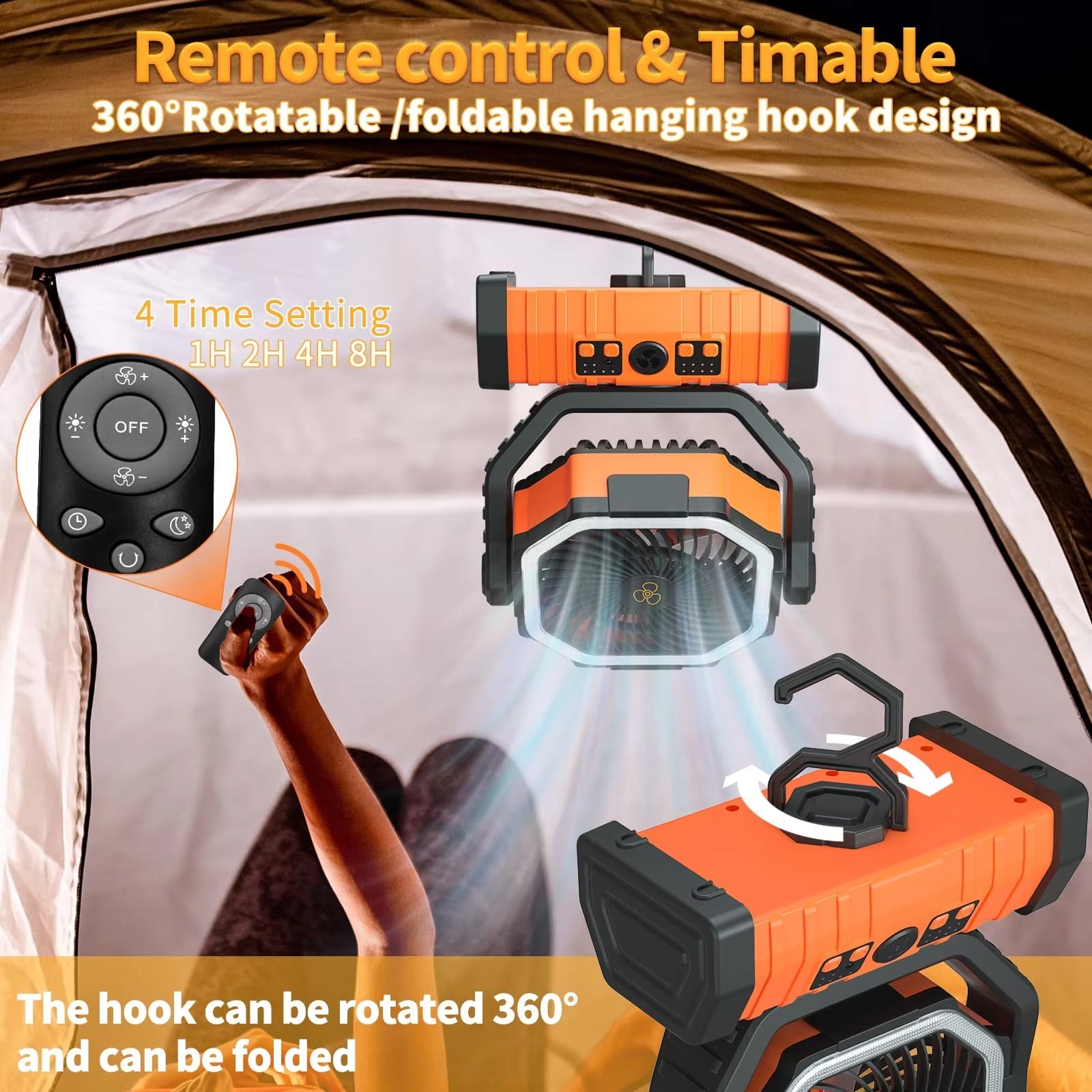 YimiKavi Rechargeable Camping Fan – Multi-Speed Powerful Airflow, Integrated LED Lantern & Heavy-Duty Hanging Hook
