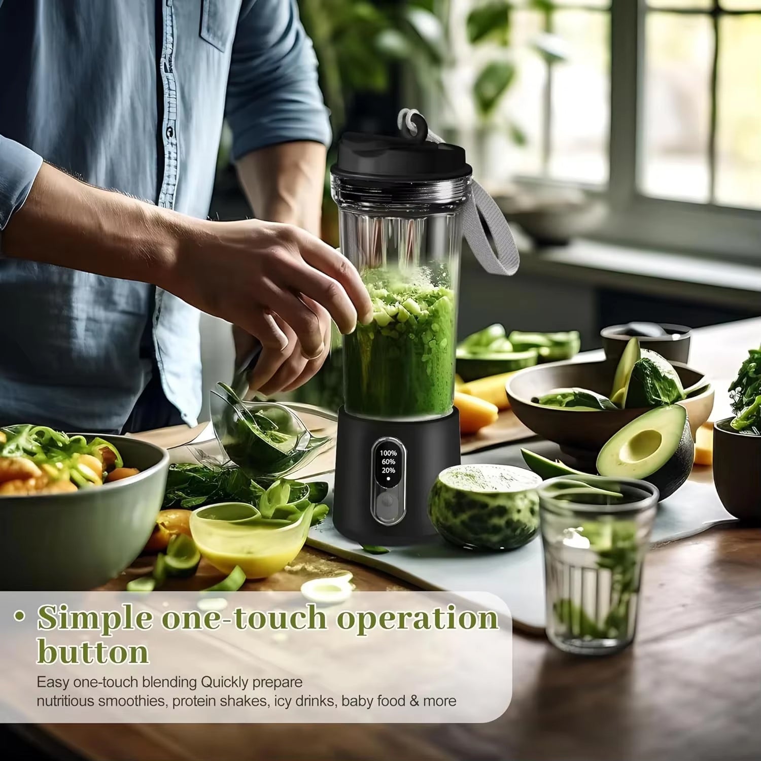 JucySpin 180W Portable Blender with 4000mAh USB Rechargeable Battery, 4-Blade Stainless Steel System, and 3-Speed Customization