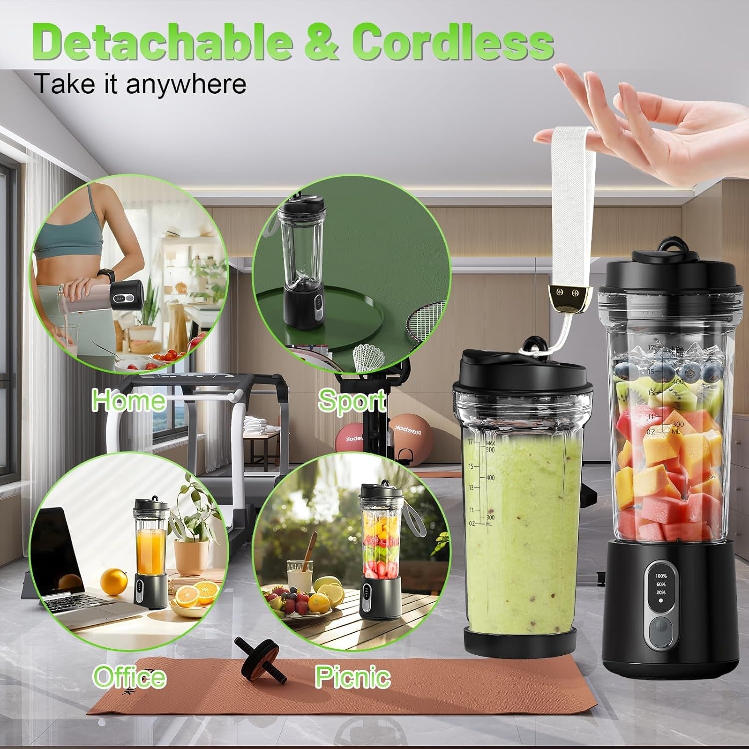 JucySpin 180W Portable Blender with 4000mAh USB Rechargeable Battery, 4-Blade Stainless Steel System, and 3-Speed Customization