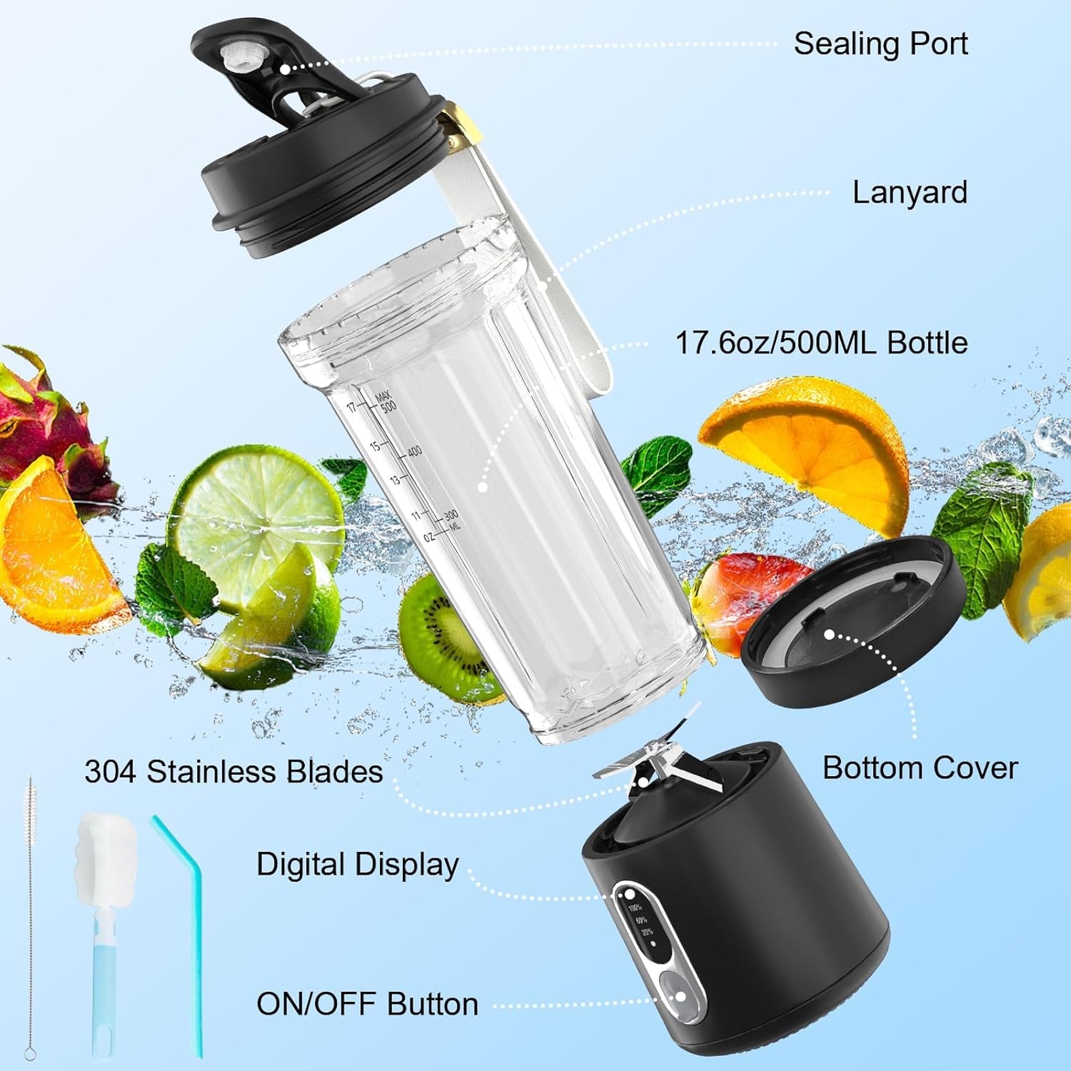 JucySpin 180W Portable Blender with 4000mAh USB Rechargeable Battery, 4-Blade Stainless Steel System, and 3-Speed Customization