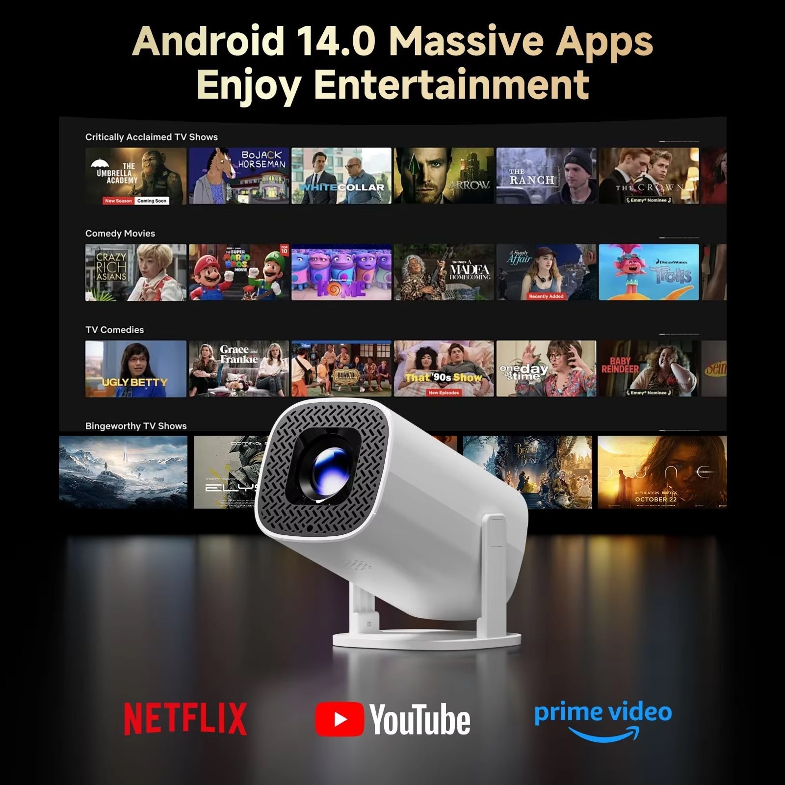 LuxinBeam Android 14.0 Smart Mini Projector – 270° Rotating Gimbal, WiFi 6 & 150-Inch Cinematic Display