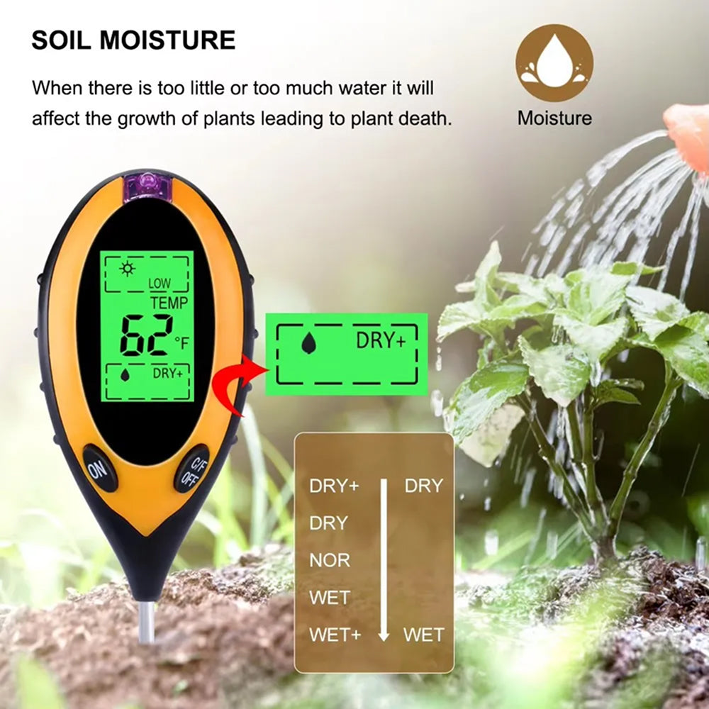 MaziSoil 4-in-1 Soil Moisture Meter - pH, Light, and Temperature Tester with Backlit LCD, 3-Second Fast Reading