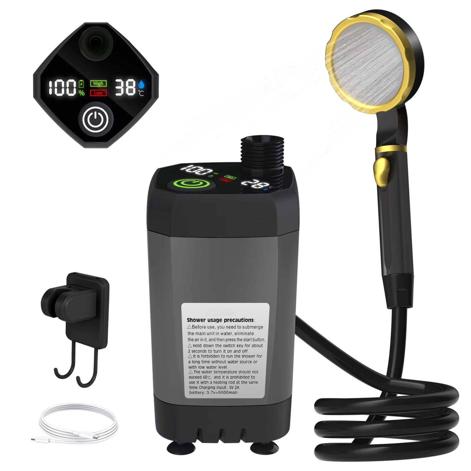 PathPouri Portable Camping Shower – High-Pressure Battery Pump, Multi-Mode Spray Head & Hanging Hook Kit