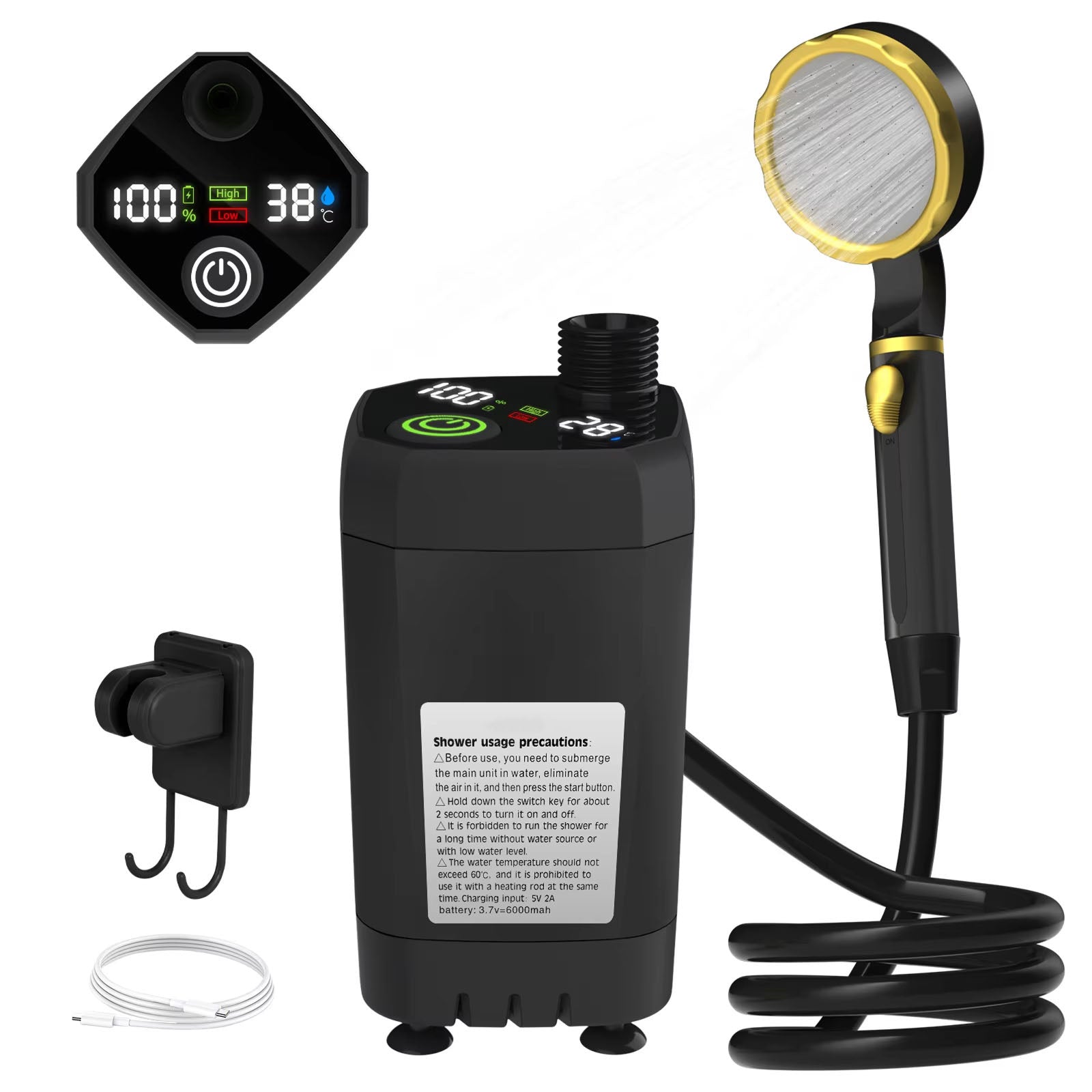 PathPouri Portable Camping Shower – High-Pressure Battery Pump, Multi-Mode Spray Head & Hanging Hook Kit