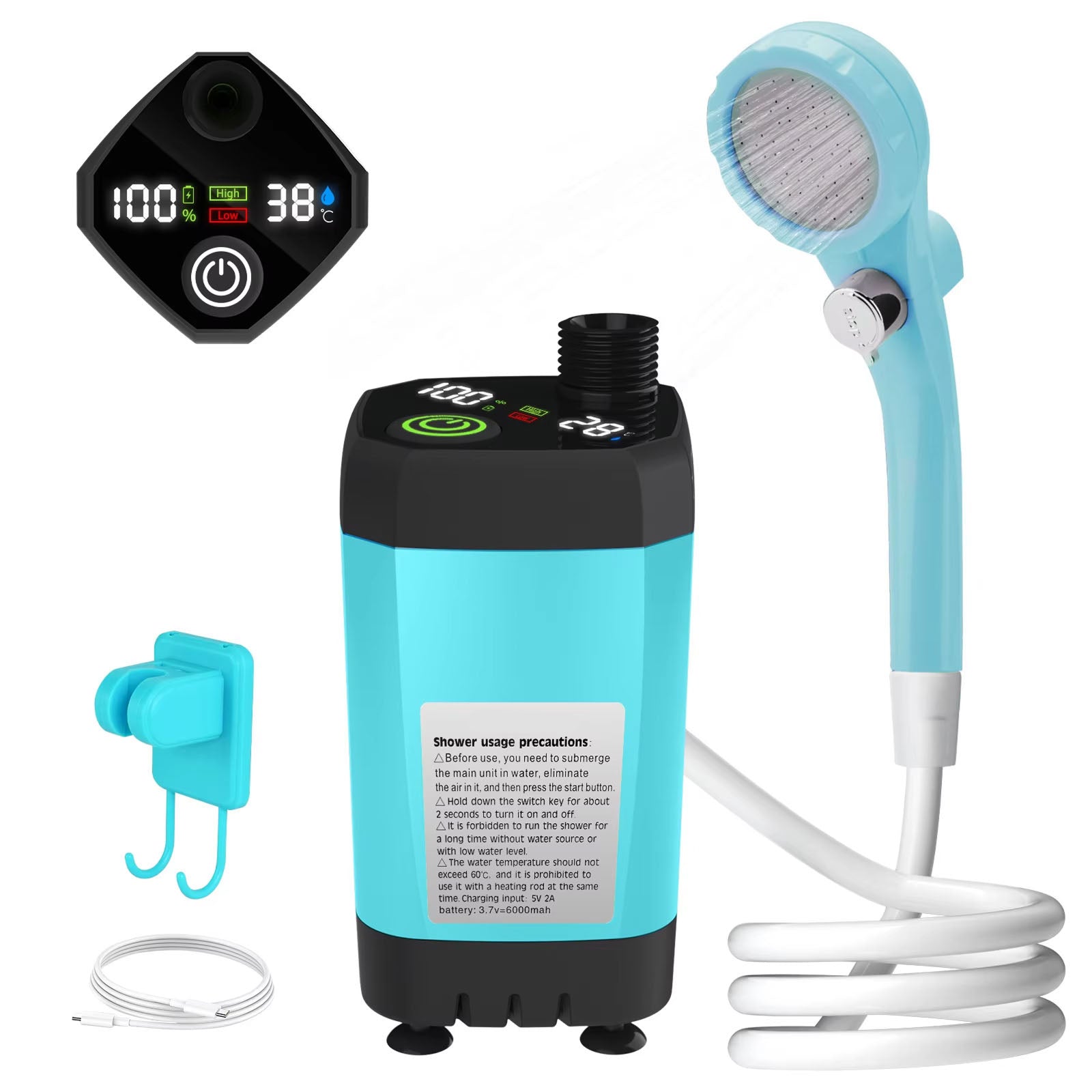 PathPouri Portable Camping Shower – High-Pressure Battery Pump, Multi-Mode Spray Head & Hanging Hook Kit