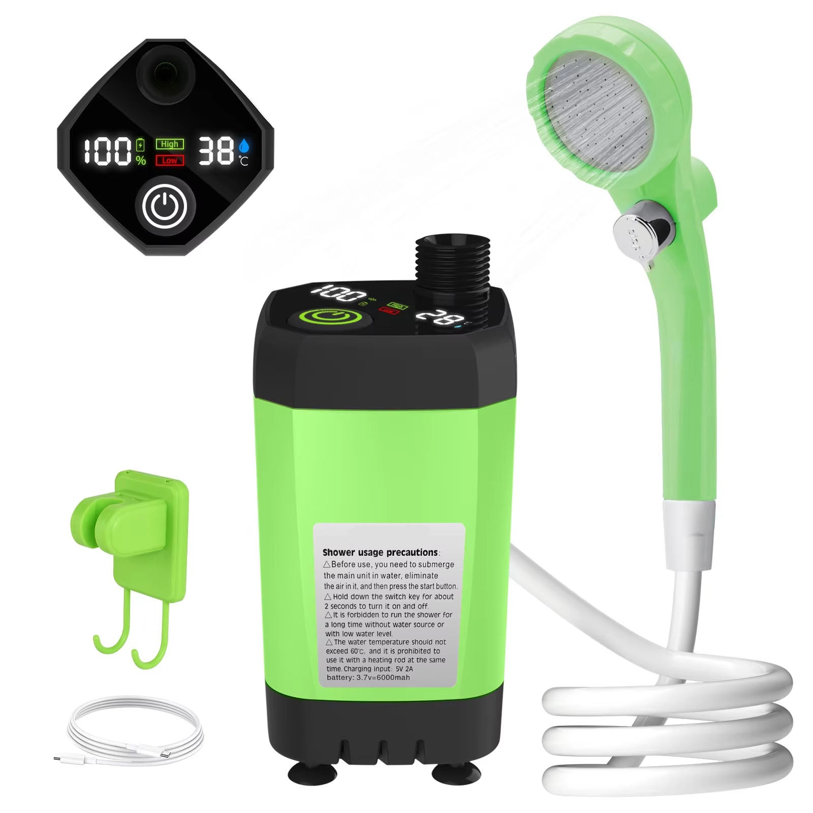 PathPouri Portable Camping Shower – High-Pressure Battery Pump, Multi-Mode Spray Head & Hanging Hook Kit