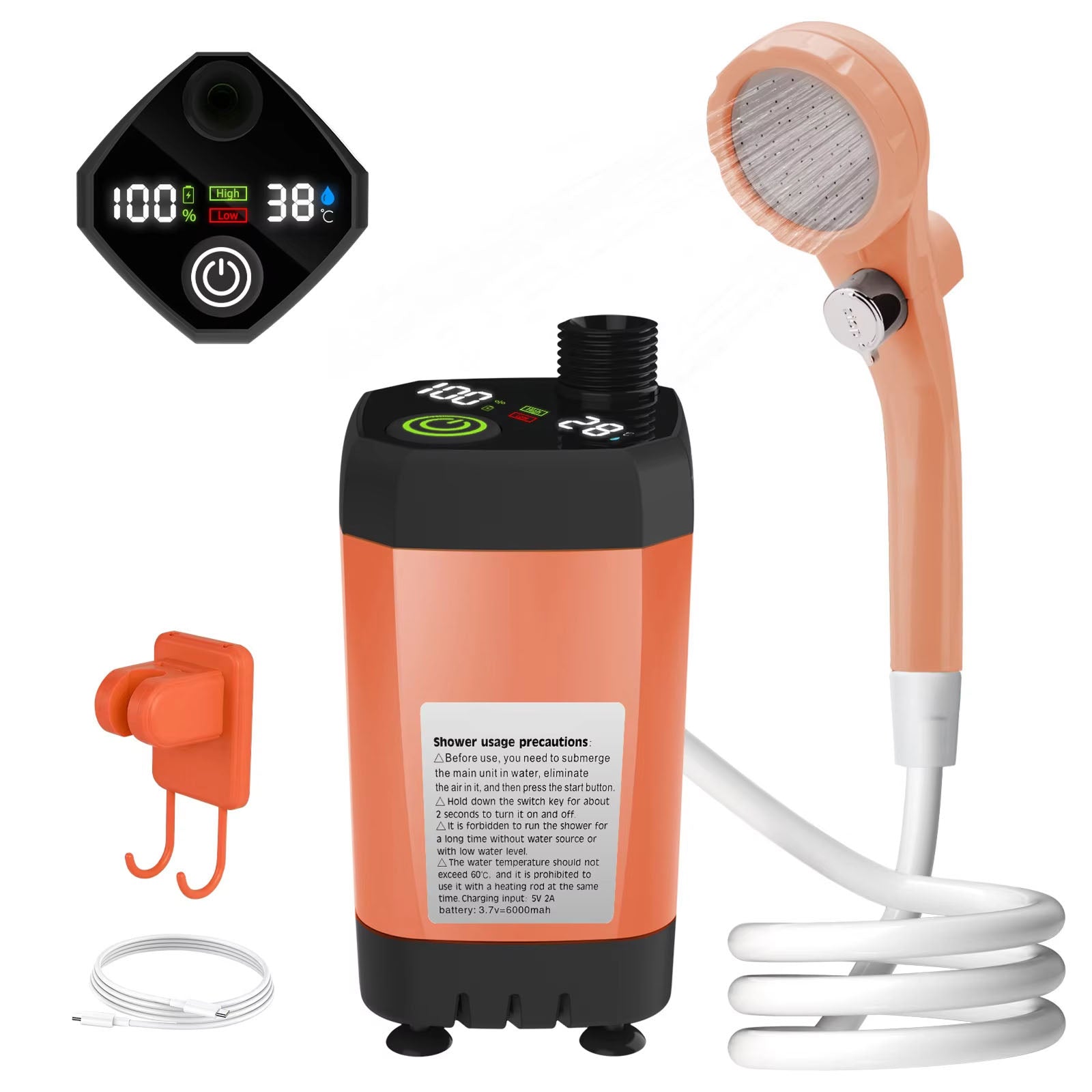 PathPouri Portable Camping Shower – High-Pressure Battery Pump, Multi-Mode Spray Head & Hanging Hook Kit