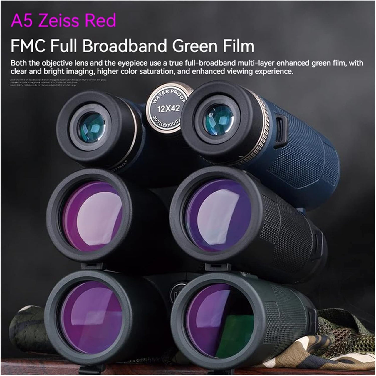 BinWicix 12x42 Hunting Binoculars ED Glass IP67 Waterproof A5 Zeiss Red Coating