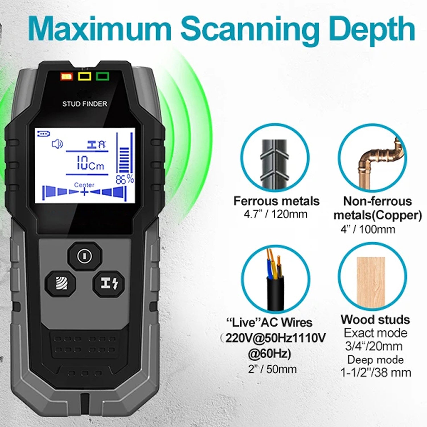 StixMika 5-in-1 Stud Finder – 120mm Deep Metal Detection, Live AC Wire Warning & Tri-Color LED Alert