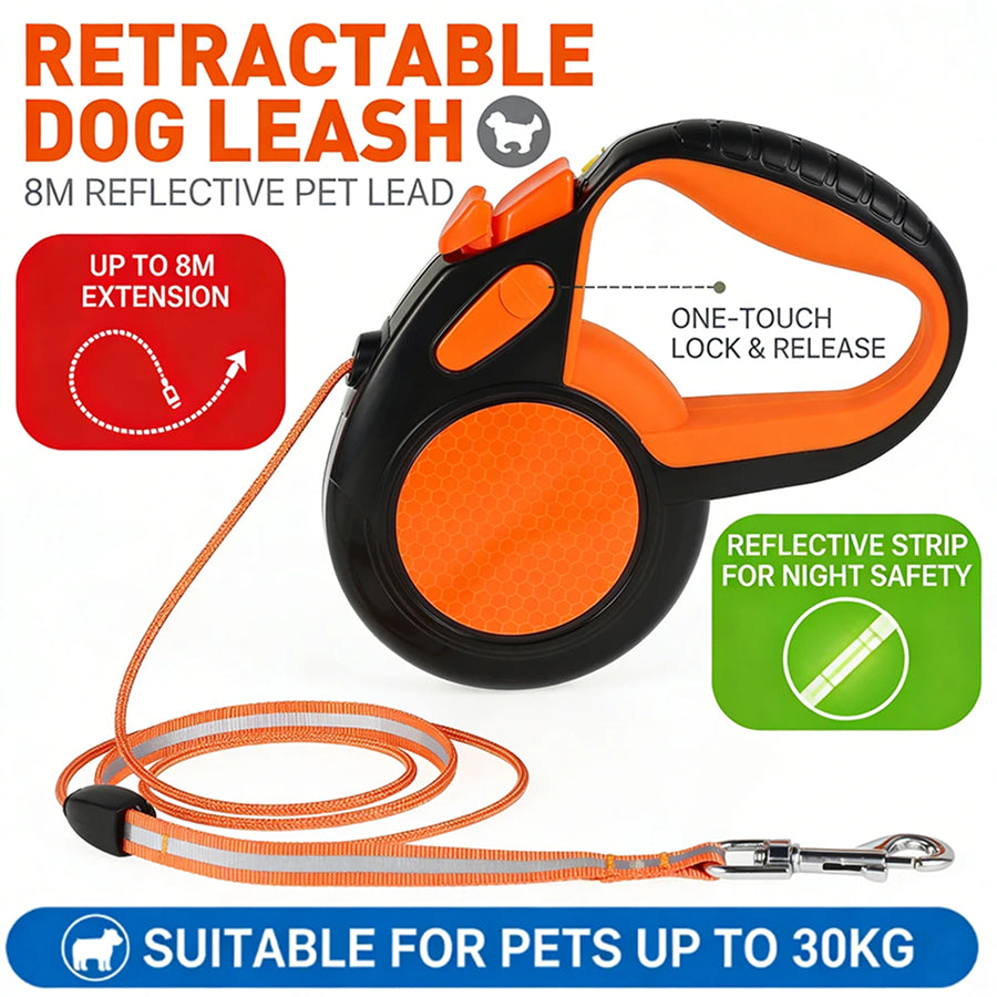 TanisPup 8-Meter Retractable Dog Leash – Reflective Tape, One-Button Lock & 30kg Heavy-Duty Capacity
