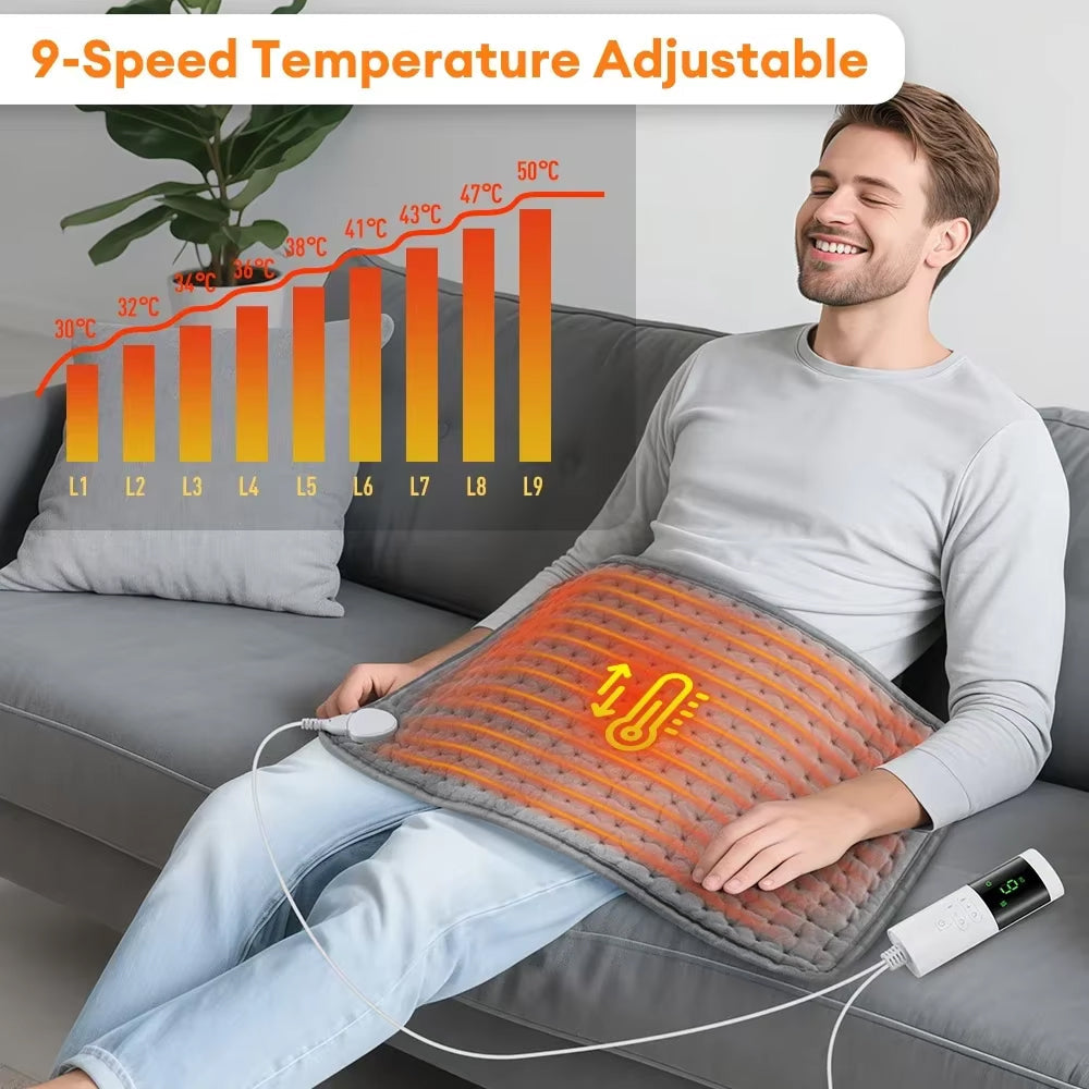 ThermeCim Electric Heating Pad – 60x30cm Crystal Velvet, 9 Temperature Levels & 4-Timer Safety Control
