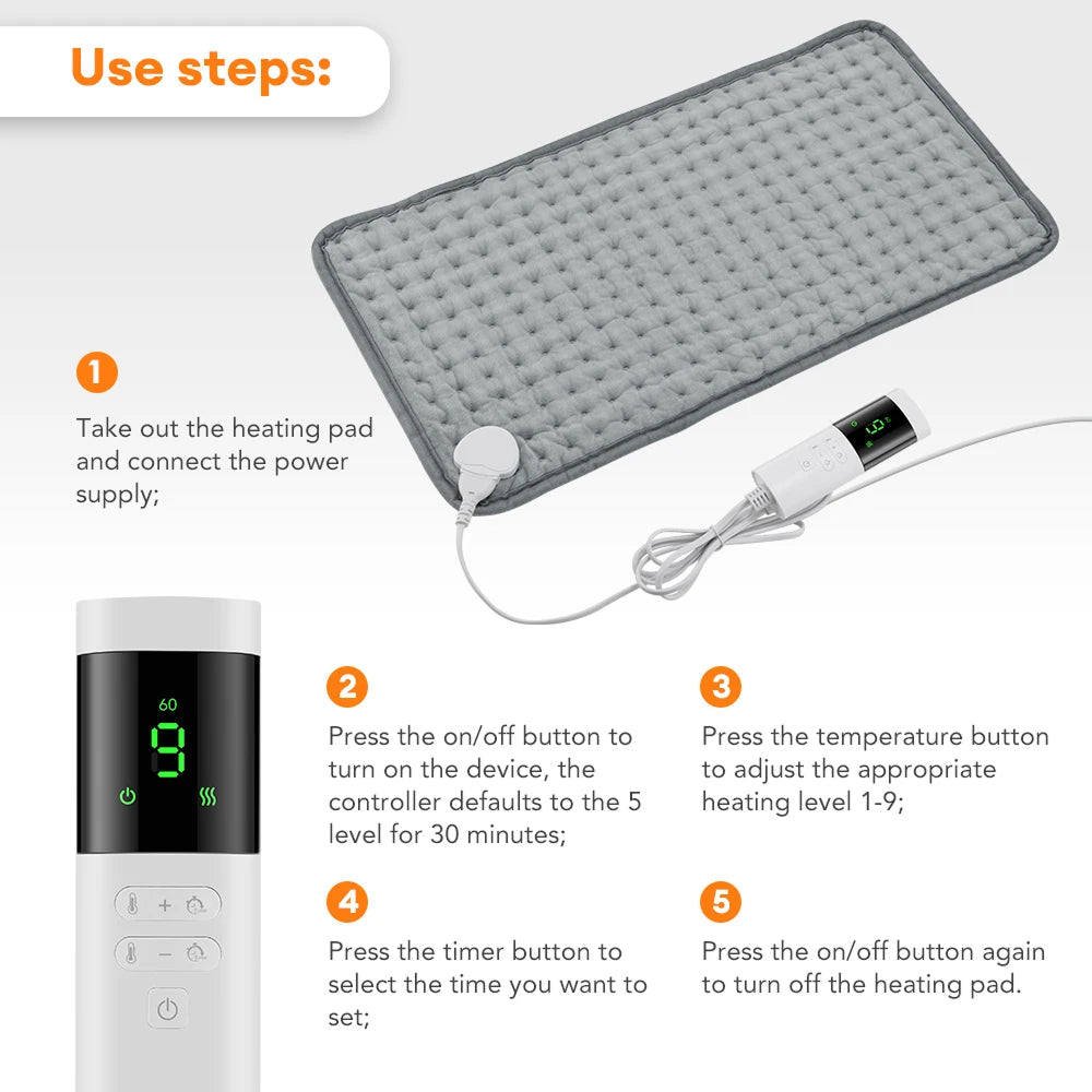 ThermeCim Electric Heating Pad – 60x30cm Crystal Velvet, 9 Temperature Levels & 4-Timer Safety Control