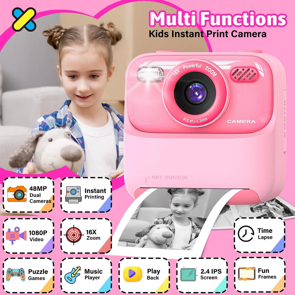 TinyFizo Kids Instant Print Camera – Zero-Ink Thermal Printing, Dual Selfie Cam & 32GB Card