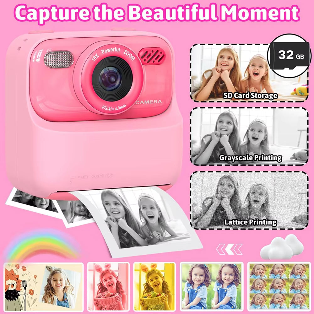 TinyFizo Kids Instant Print Camera – Zero-Ink Thermal Printing, Dual Selfie Cam & 32GB Card