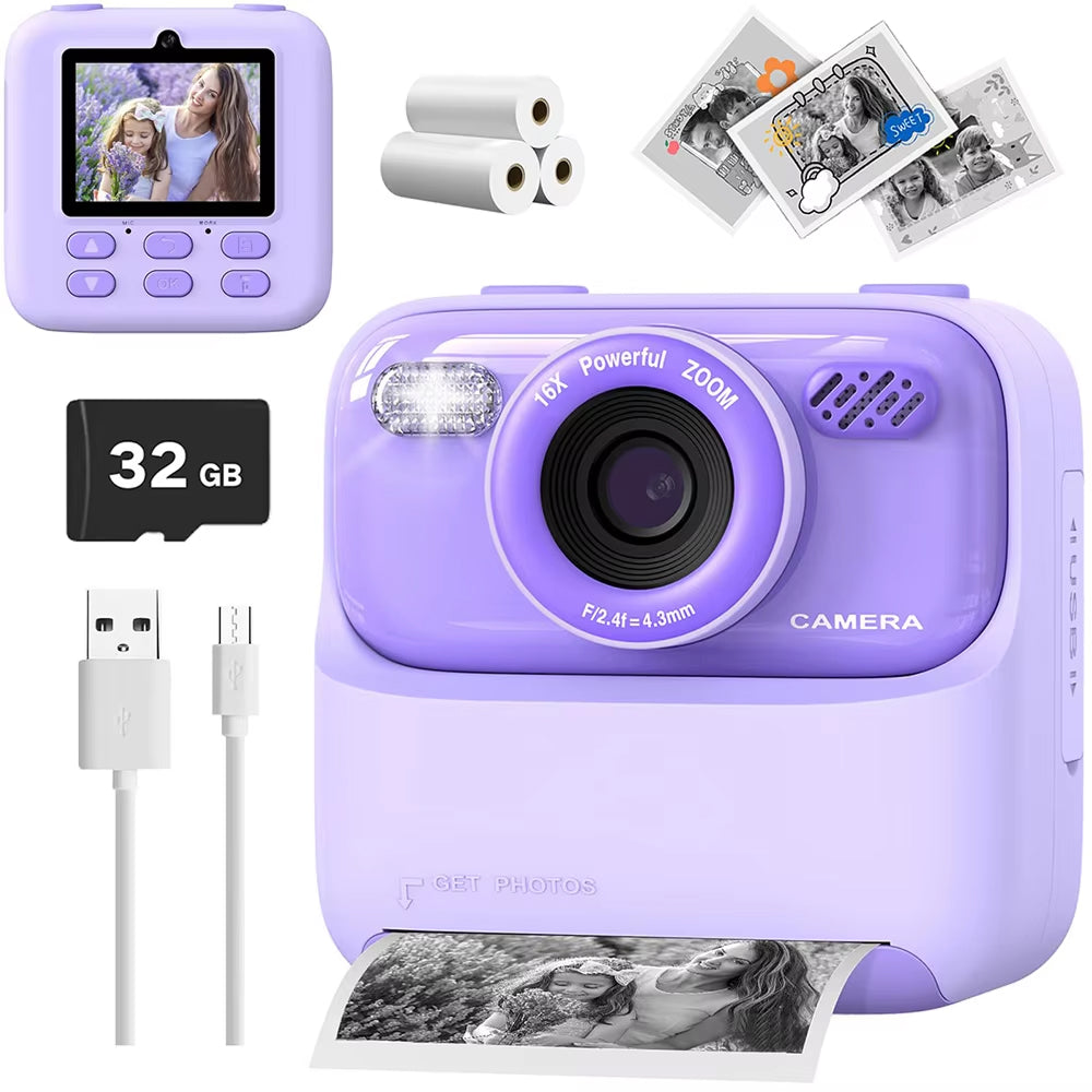 TinyFizo Kids Instant Print Camera – Zero-Ink Thermal Printing, Dual Selfie Cam & 32GB Card