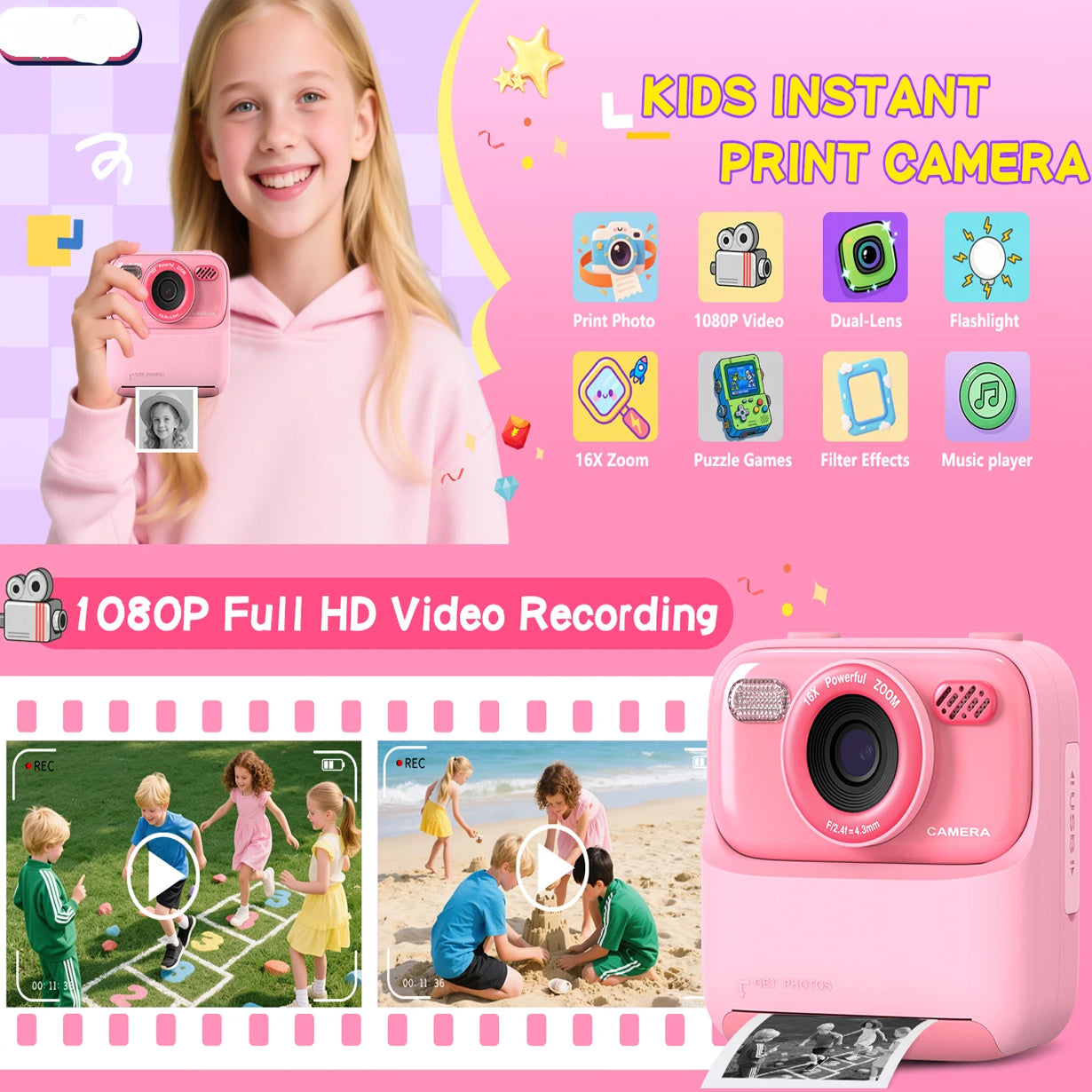 TinyFizo Kids Instant Print Camera – Zero-Ink Thermal Printing, Dual Selfie Cam & 32GB Card
