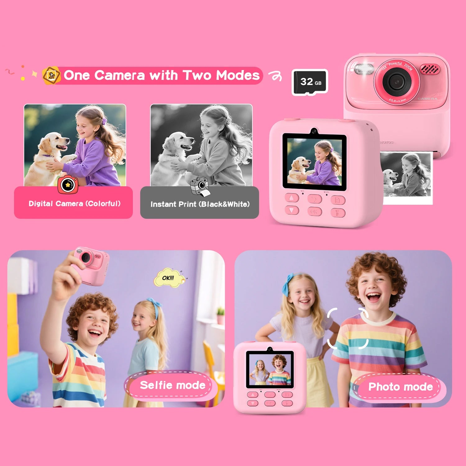 TinyFizo Kids Instant Print Camera – Zero-Ink Thermal Printing, Dual Selfie Cam & 32GB Card