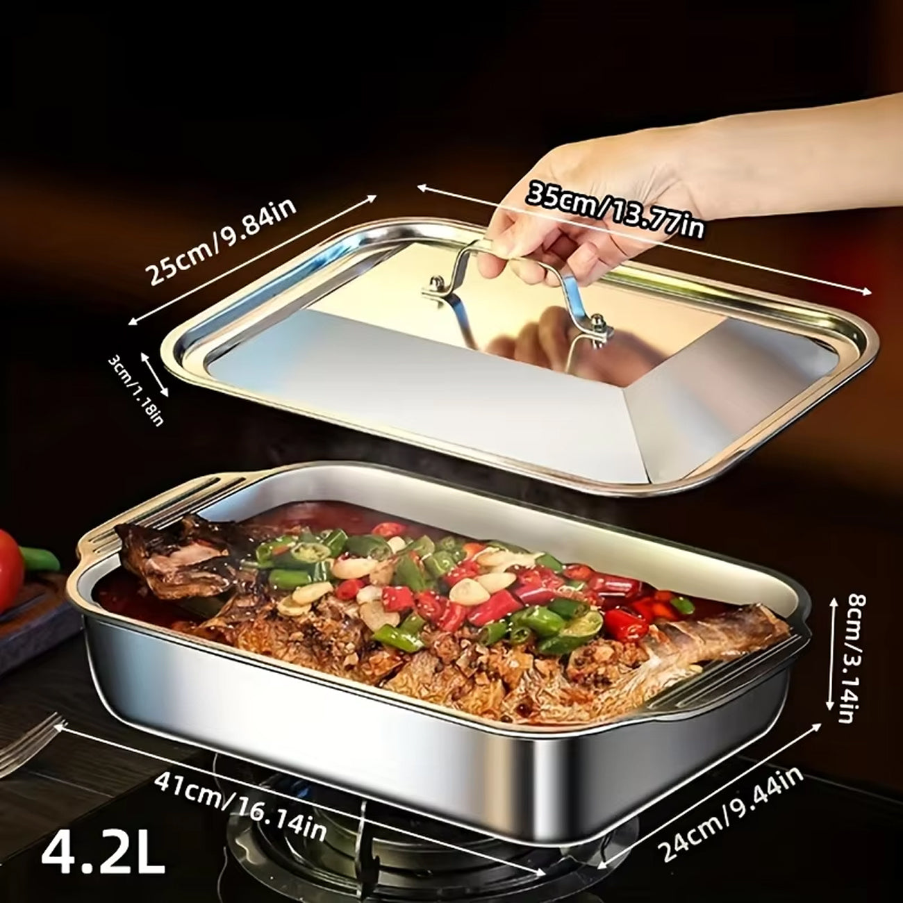 TivLaxi Stainless Steel Roasting Pan – 4.2L Mirror Finish, Tempered Glass Lid & Oven-to-Table Ready