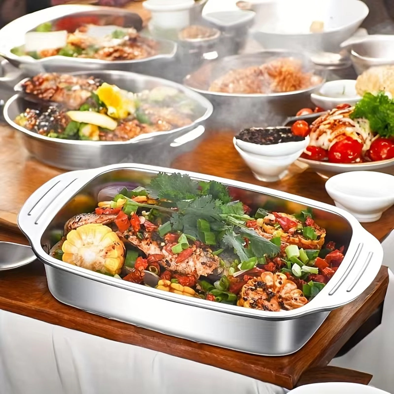 TivLaxi Stainless Steel Roasting Pan – 4.2L Mirror Finish, Tempered Glass Lid & Oven-to-Table Ready