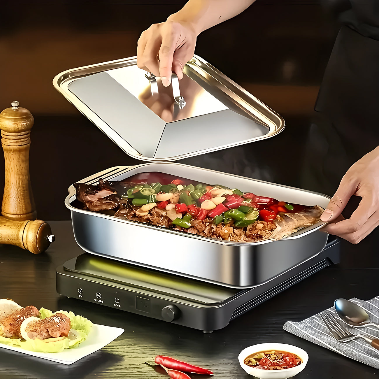 TivLaxi Stainless Steel Roasting Pan – 4.2L Mirror Finish, Tempered Glass Lid & Oven-to-Table Ready
