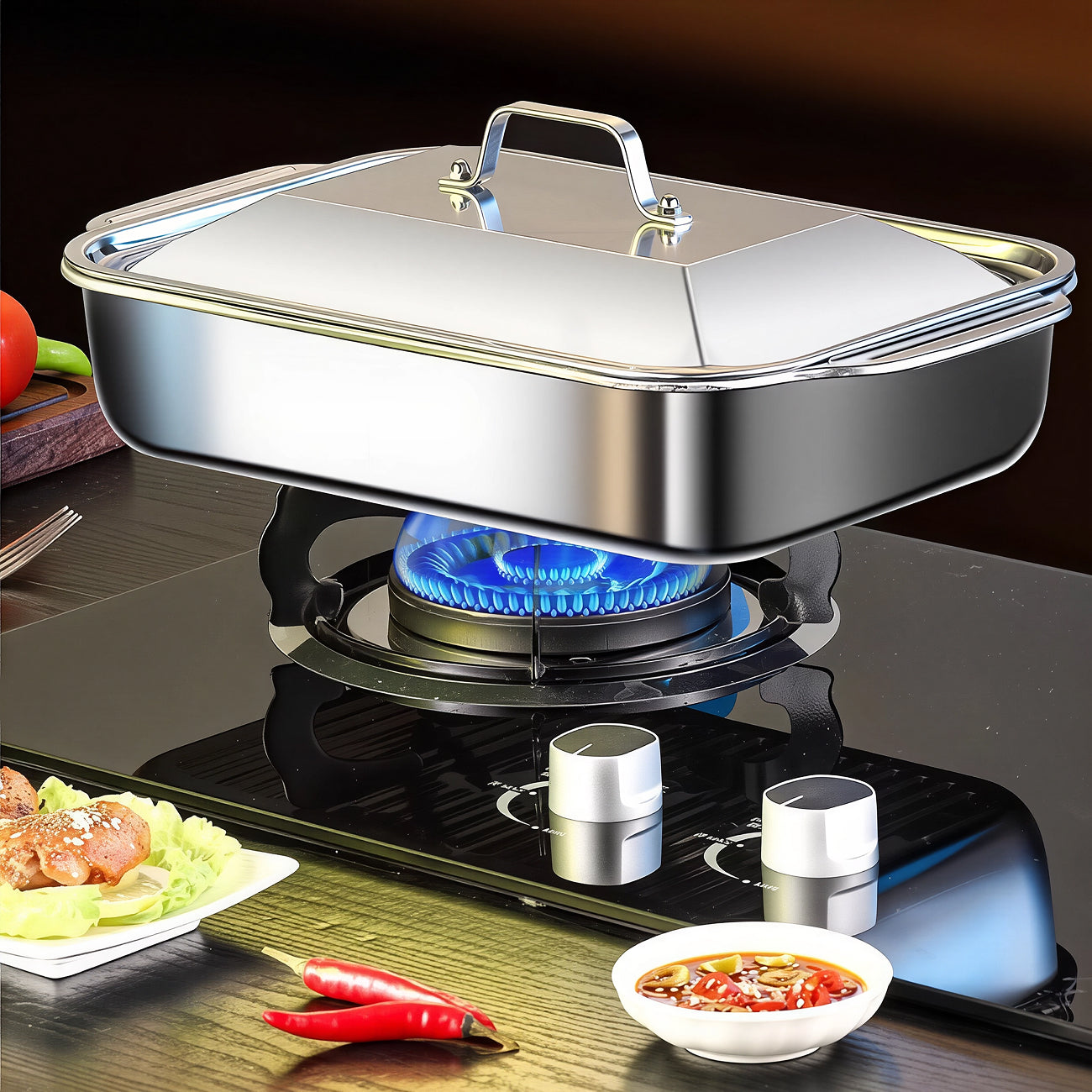 TivLaxi Stainless Steel Roasting Pan – 4.2L Mirror Finish, Tempered Glass Lid & Oven-to-Table Ready
